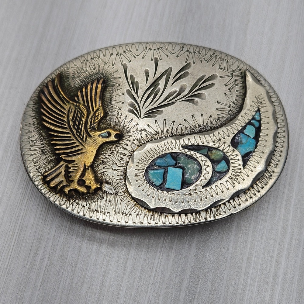 Vintage Western Belt Buckle Gold Tone Eagle Turquoise Chip Inlay Silver Oval